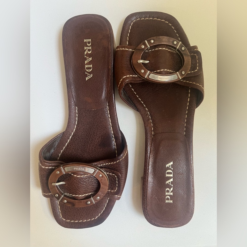 Prada brown leather flat sandals